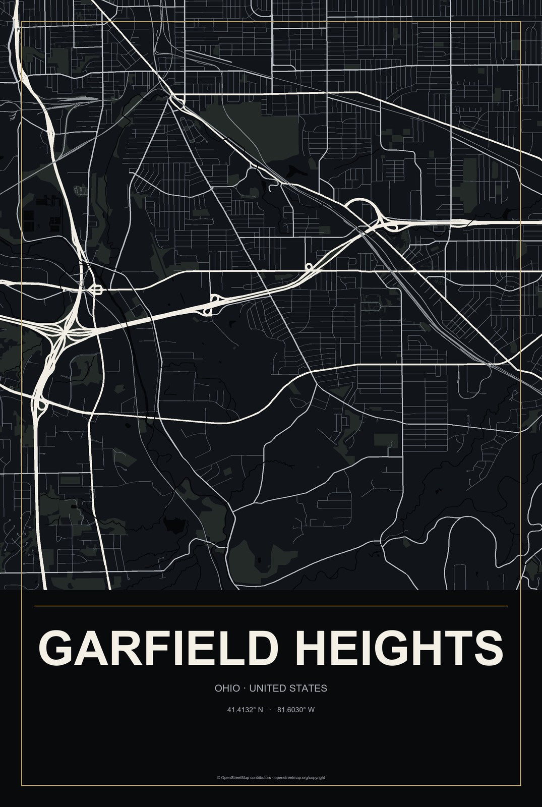 Garfield Heights, Ohio City Map Aluminum Sign in Metropolitan Noir style