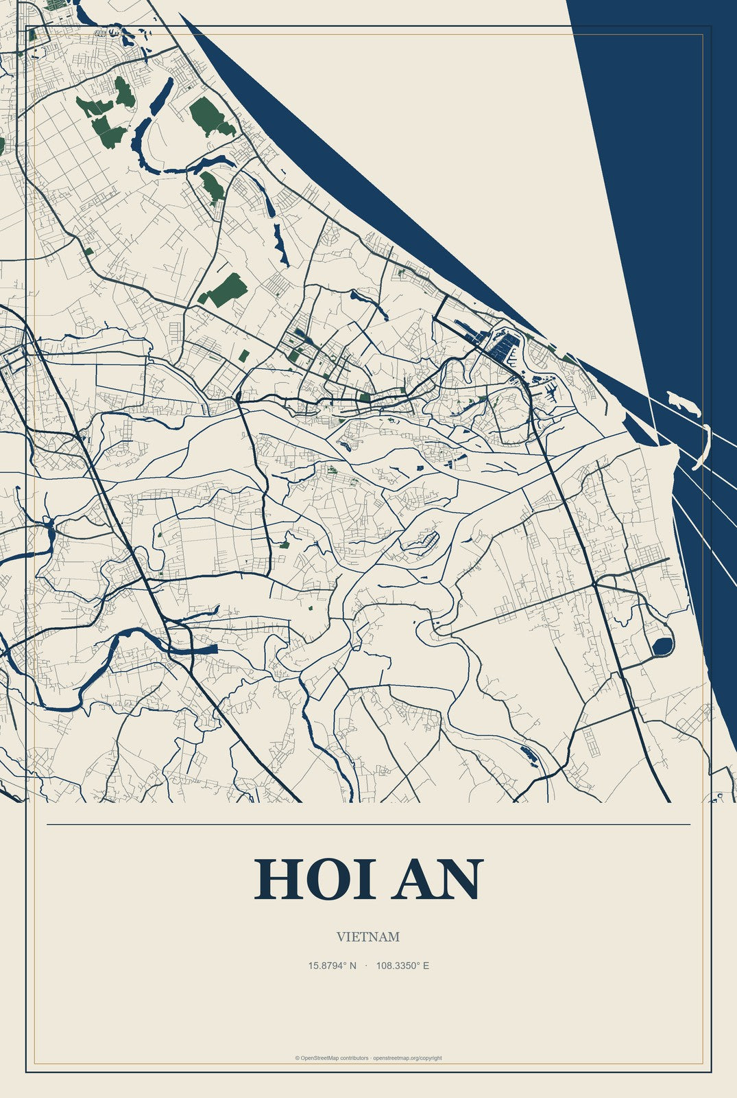 Hoi An, Vietnam City Map Aluminum Sign in Coastal Cutout style