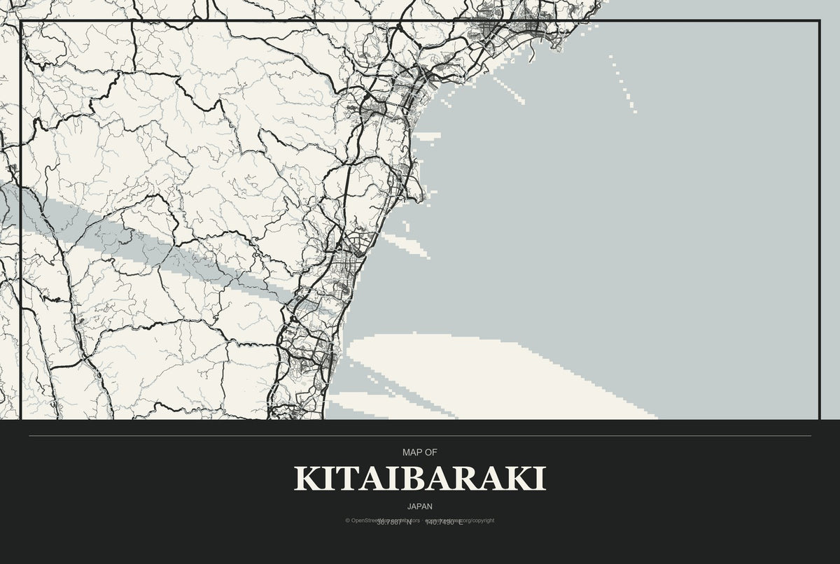 Kitaibaraki, Japan City Map Aluminum Sign in Museum Plaque style