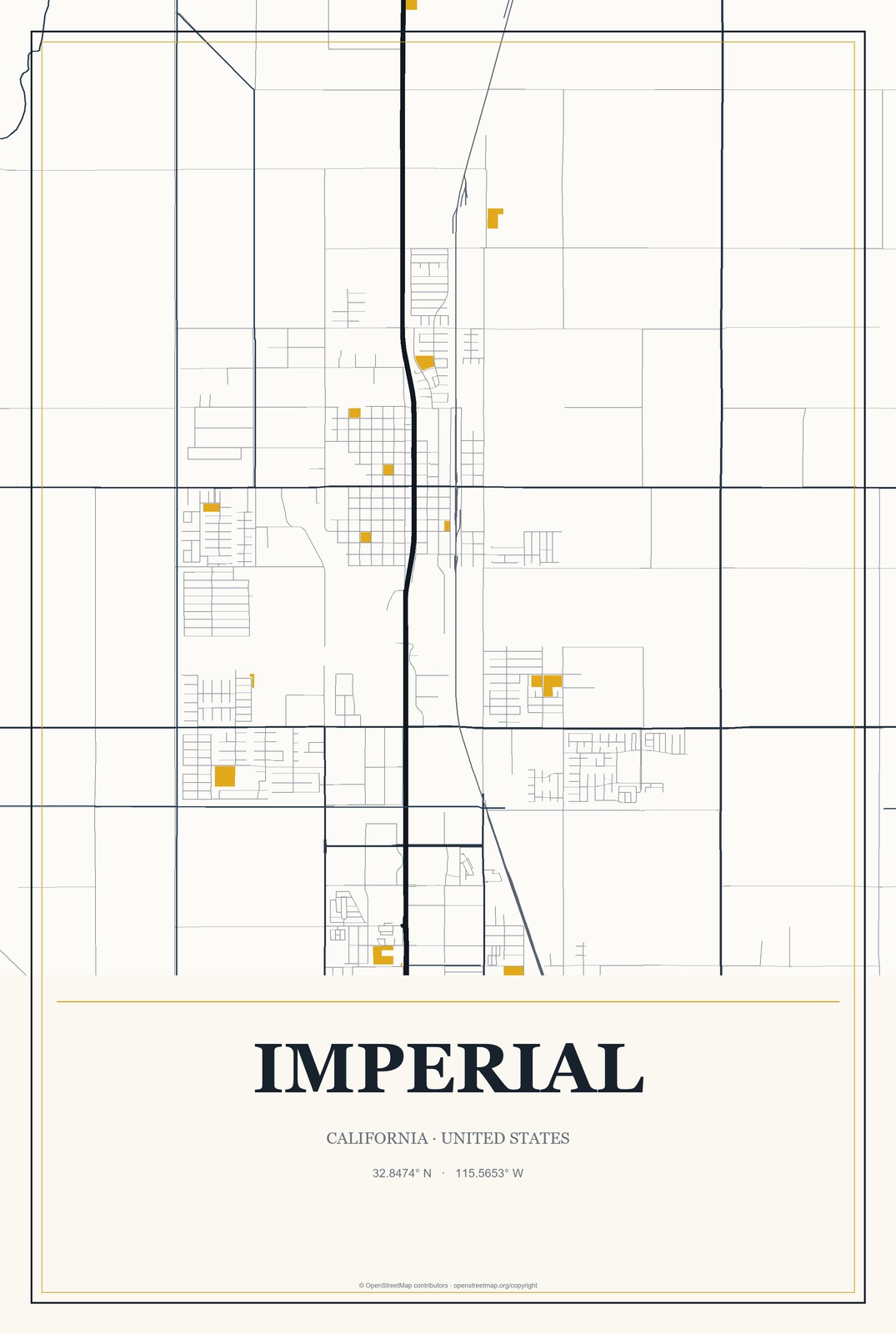 Imperial, California City Map Aluminum Sign in Citrine Modern style