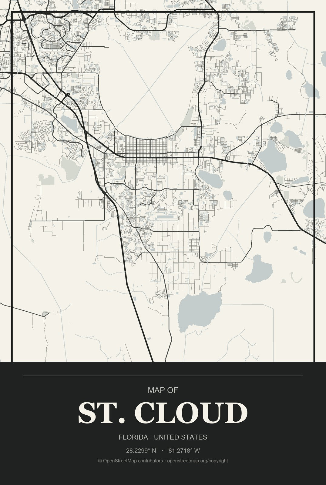 St. Cloud, Florida City Map Aluminum Sign in Museum Plaque style