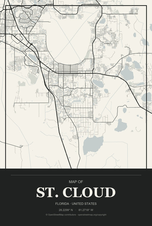 St. Cloud, Florida City Map Aluminum Sign in Museum Plaque style