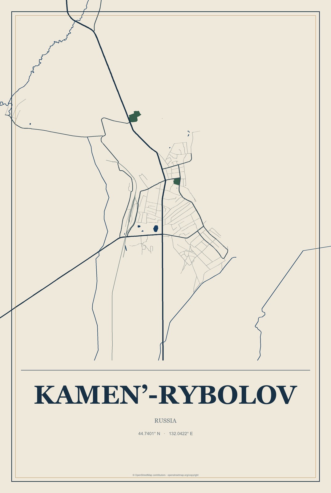 Kamen’-Rybolov, Russia City Map Aluminum Sign in Coastal Cutout style