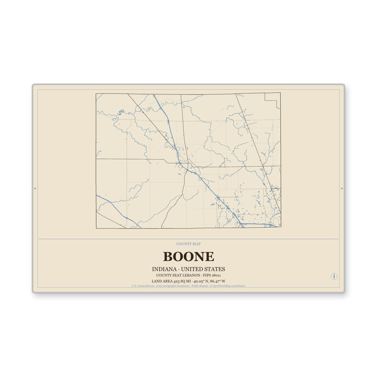 Boone County, Indiana Map Aluminum Sign in Heritage Nautical style