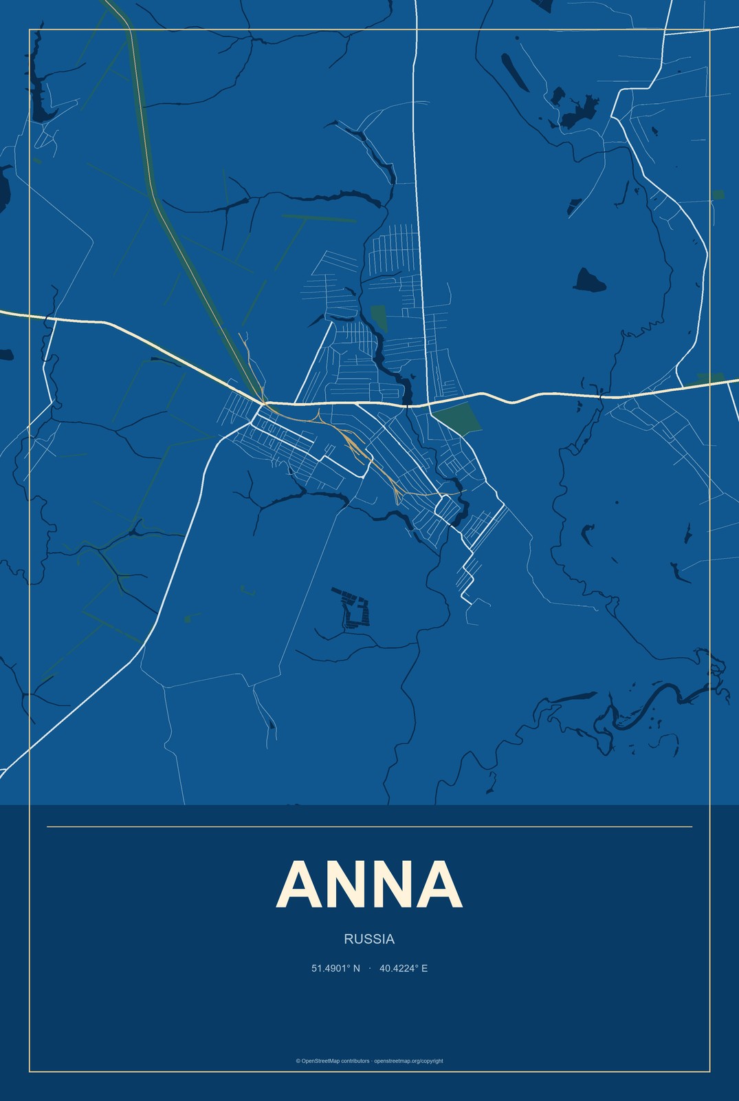 Anna, Russia City Map Aluminum Sign in Harbor Cobalt style