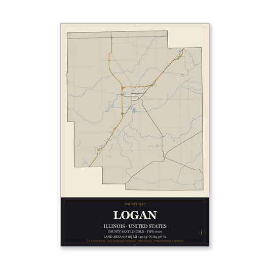 Logan County, Illinois Map Aluminum Sign in Museum Plaque style