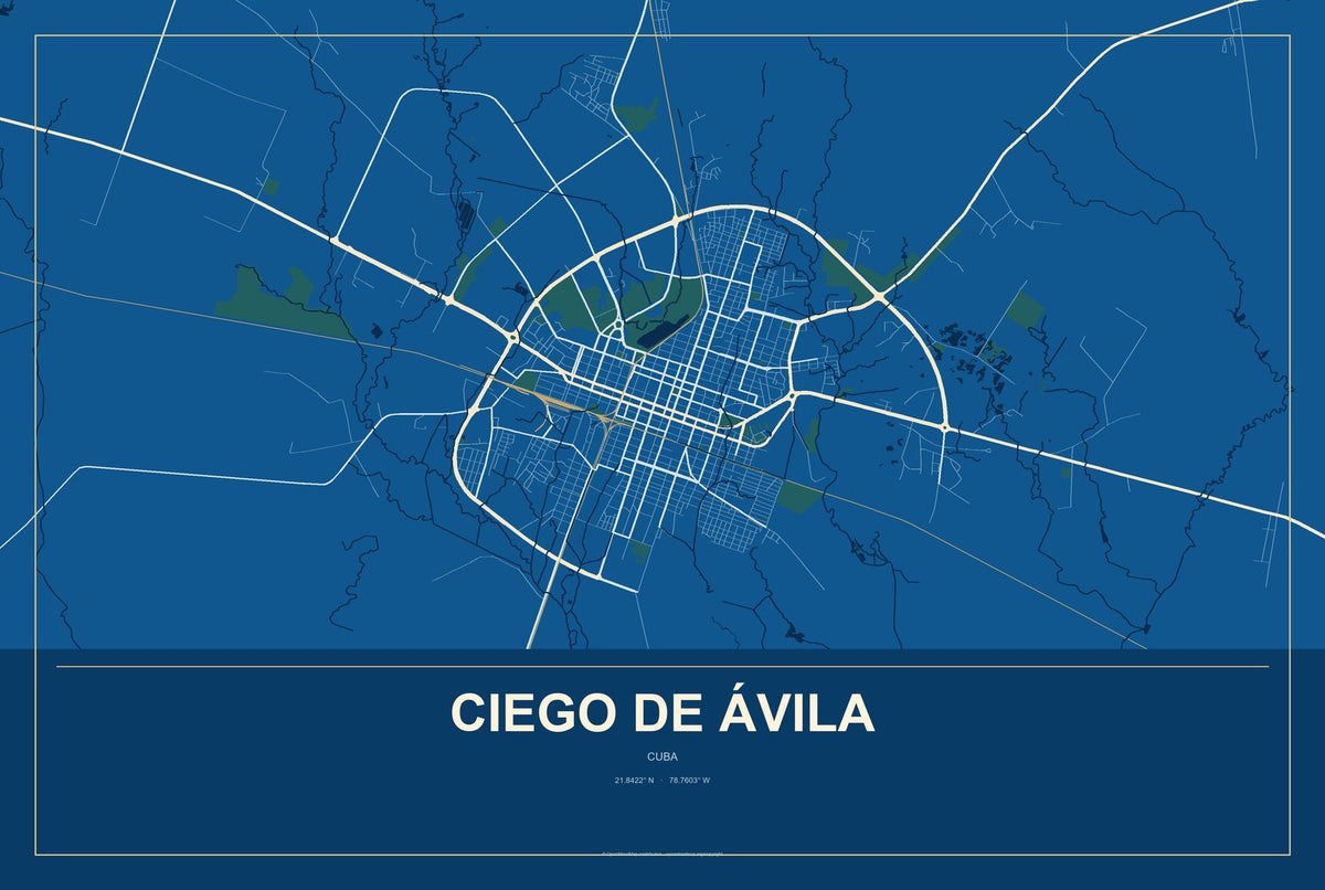 Ciego de Ávila, Cuba City Map Aluminum Sign in Harbor Cobalt style