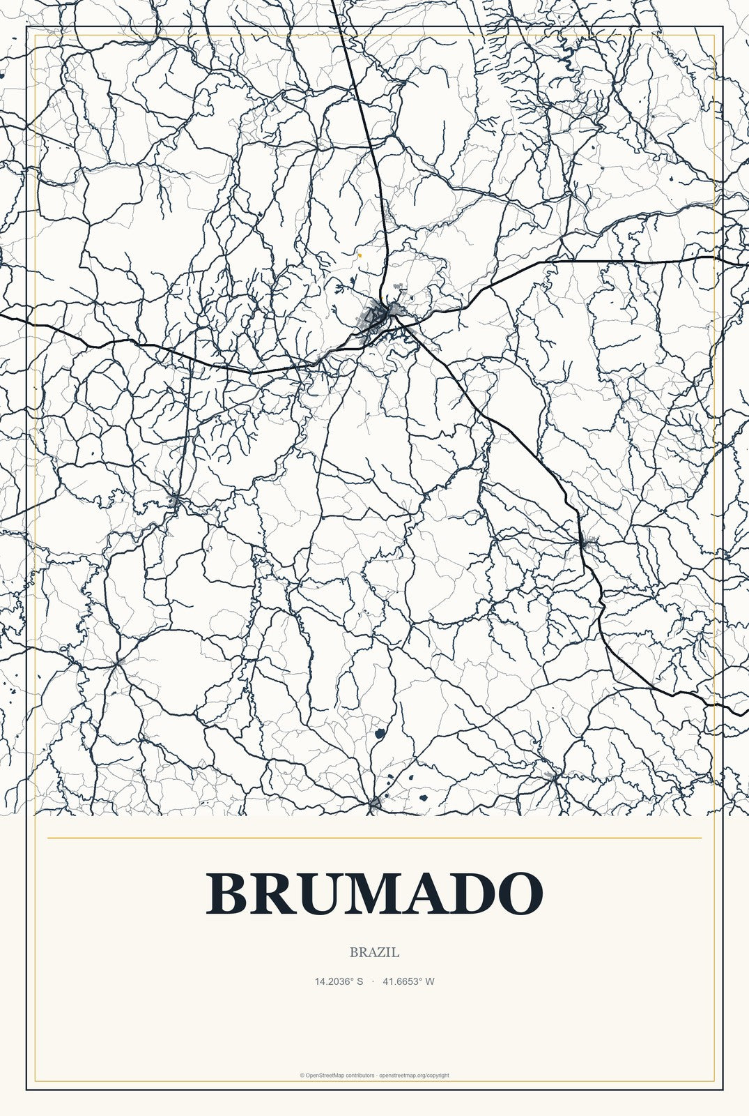 Brumado, Brazil City Map Aluminum Sign in Citrine Modern style