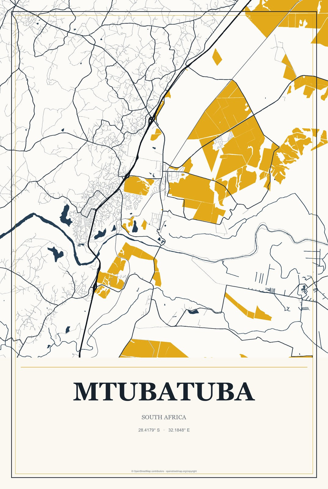 Mtubatuba, South Africa City Map Aluminum Sign in Citrine Modern style