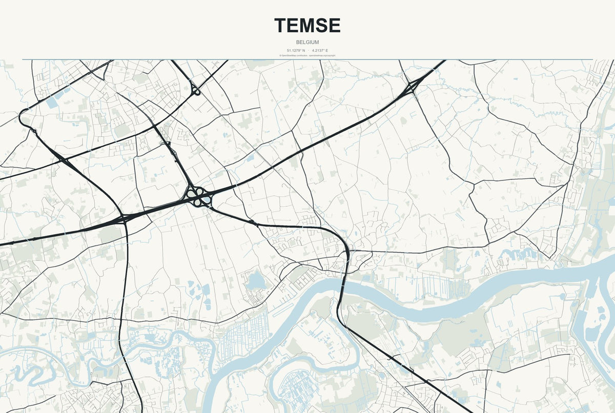 Temse, Belgium City Map Aluminum Sign in Headline Atlas style