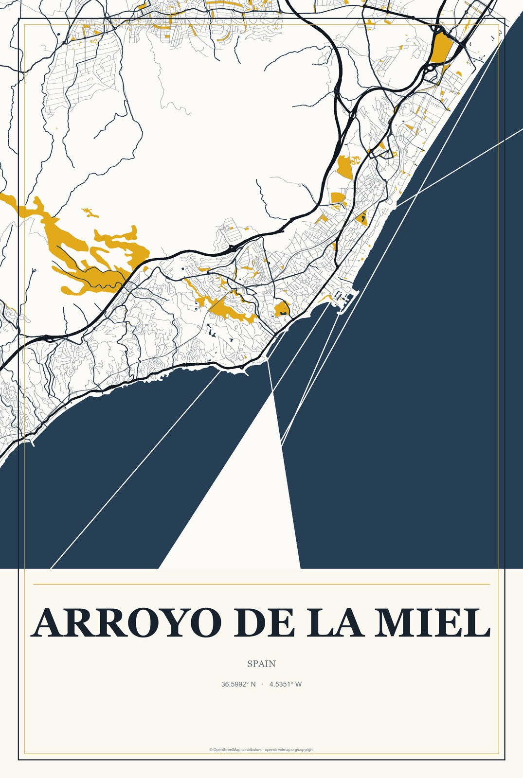 Arroyo de la Miel, Spain City Map Aluminum Sign in Citrine Modern style