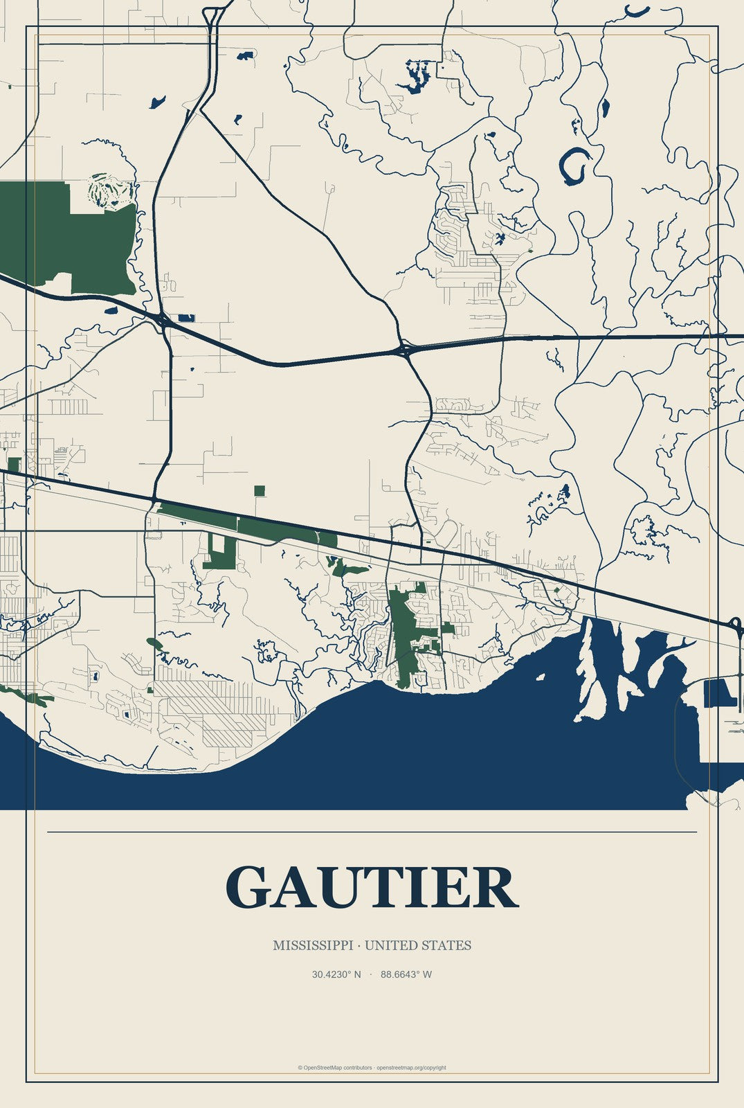 Gautier, Mississippi City Map Aluminum Sign in Coastal Cutout style