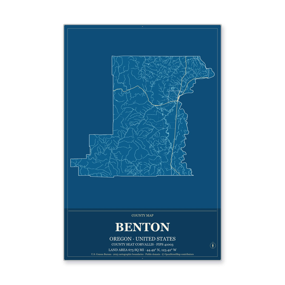 Benton County, Oregon Map Aluminum Sign in Harbor Cobalt style