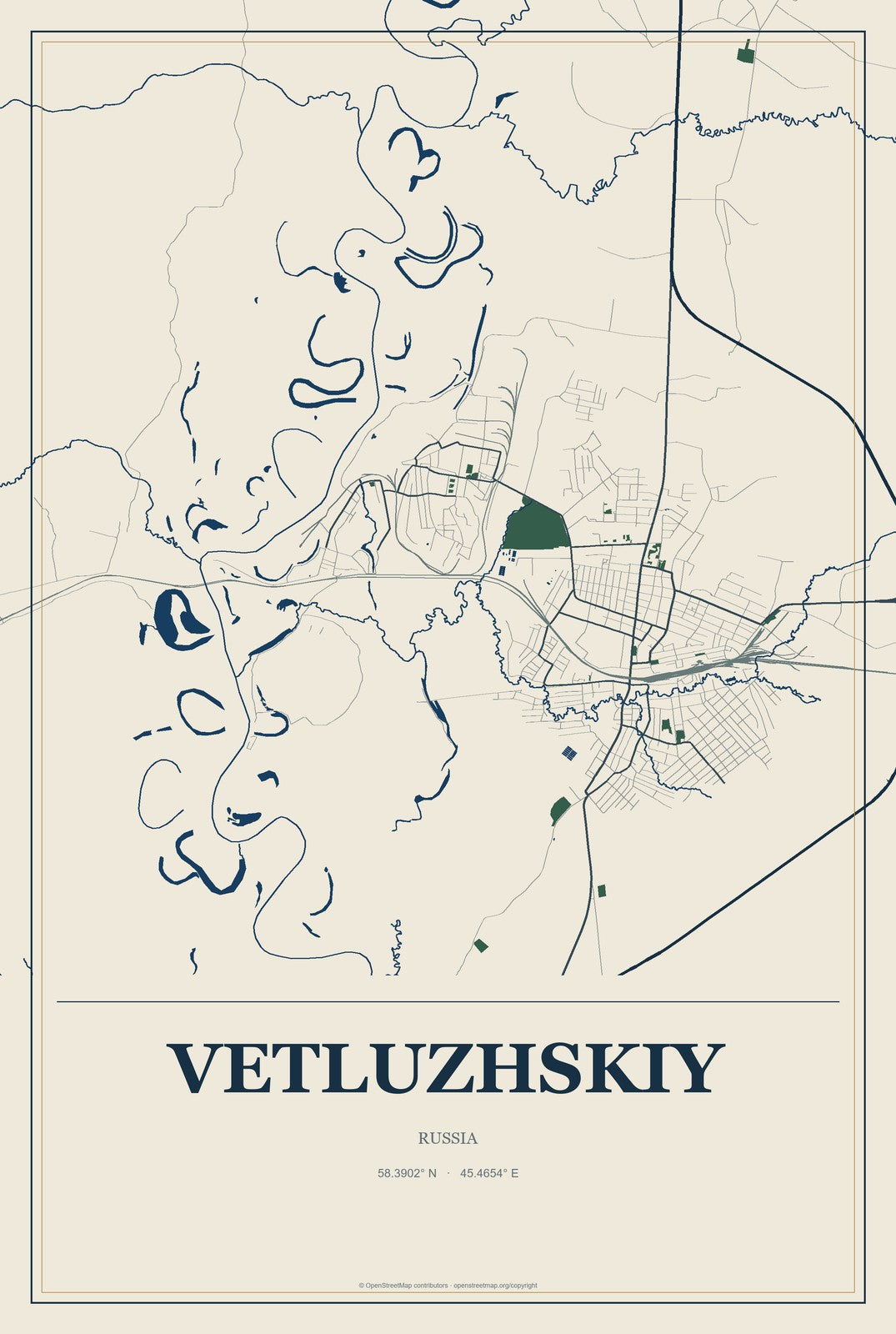 Vetluzhskiy, Russia City Map Aluminum Sign in Coastal Cutout style
