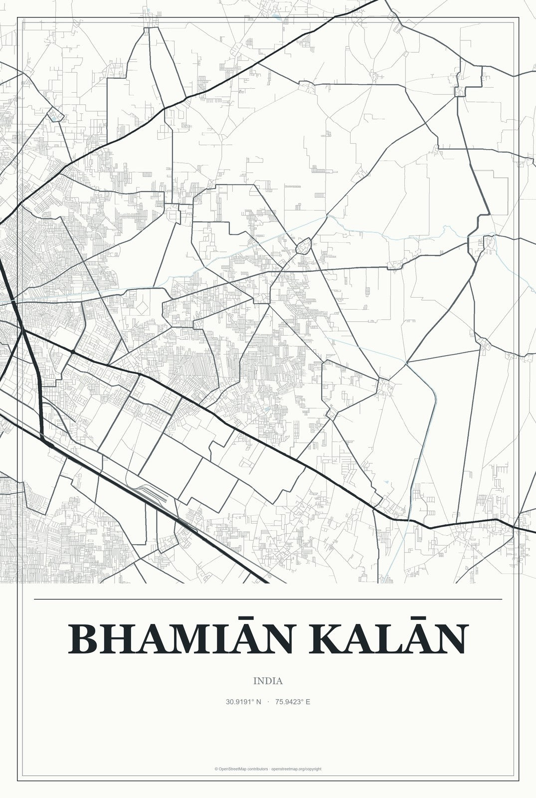 Bhamiān Kalān, India City Map Aluminum Sign in Gallery Air style