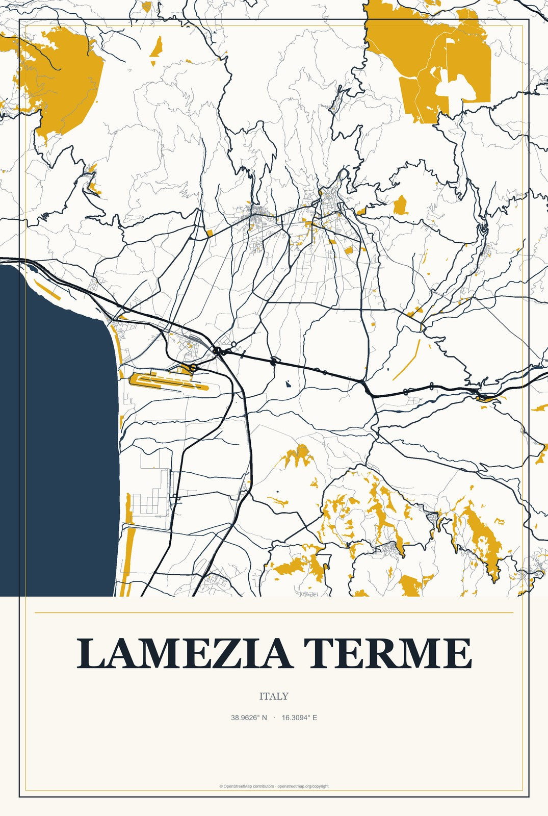 Lamezia Terme, Italy City Map Aluminum Sign in Citrine Modern style