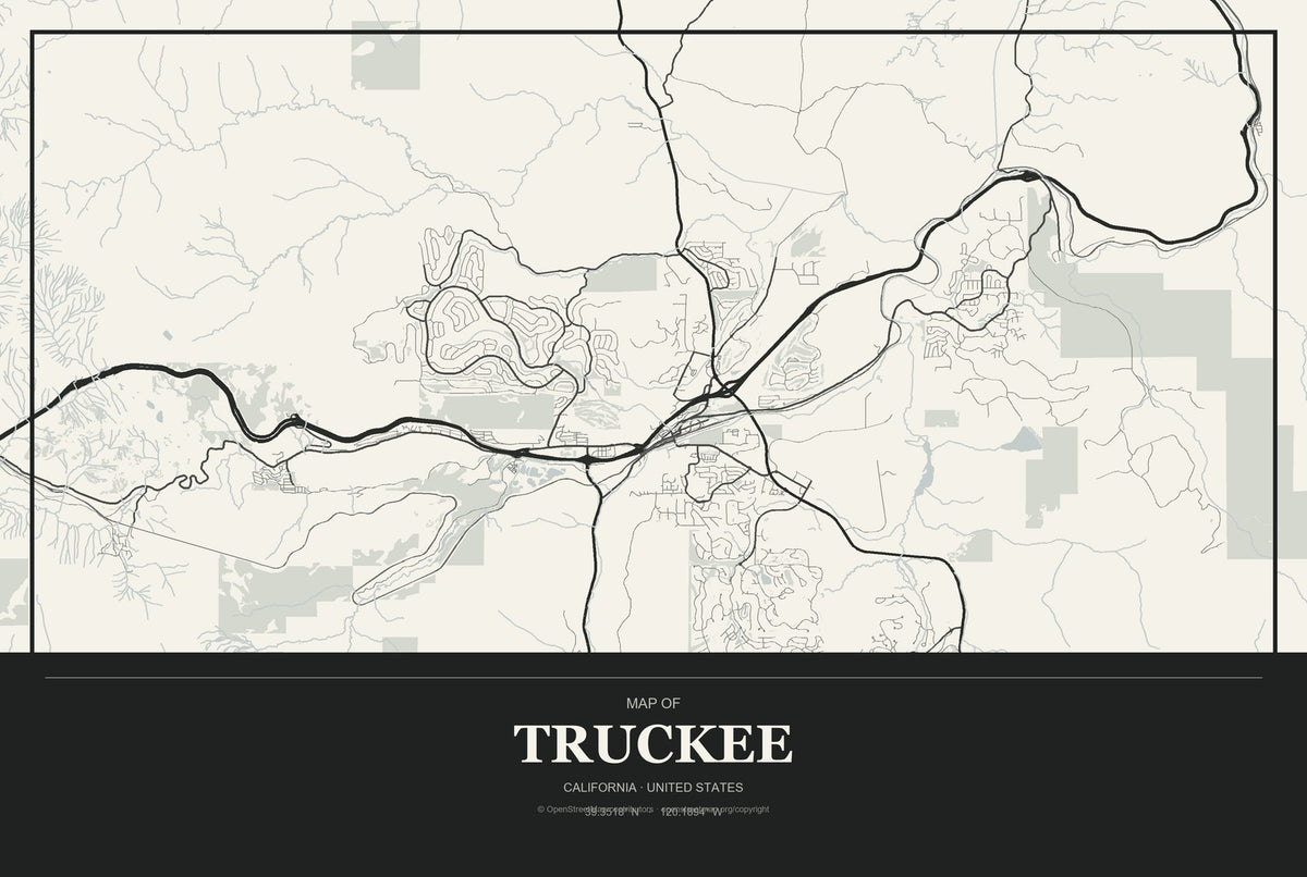 Truckee, California City Map Aluminum Sign in Museum Plaque style