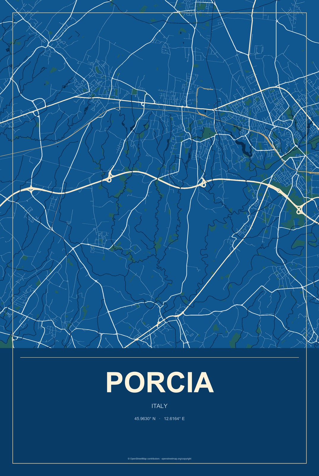 Porcia, Italy City Map Aluminum Sign in Harbor Cobalt style