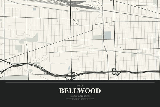 Bellwood, Illinois City Map Aluminum Sign in Museum Plaque style