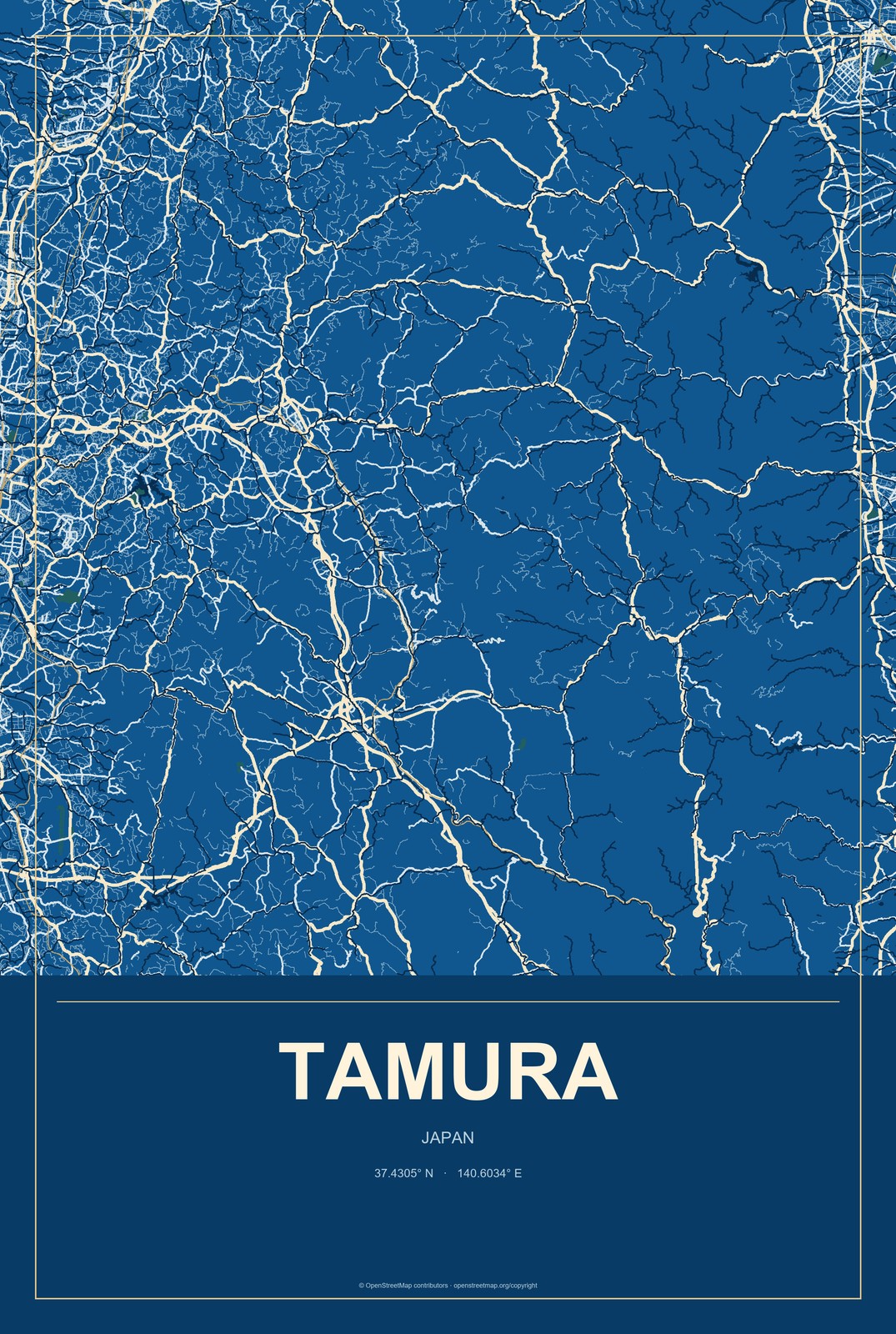 Tamura, Japan City Map Aluminum Sign in Harbor Cobalt style