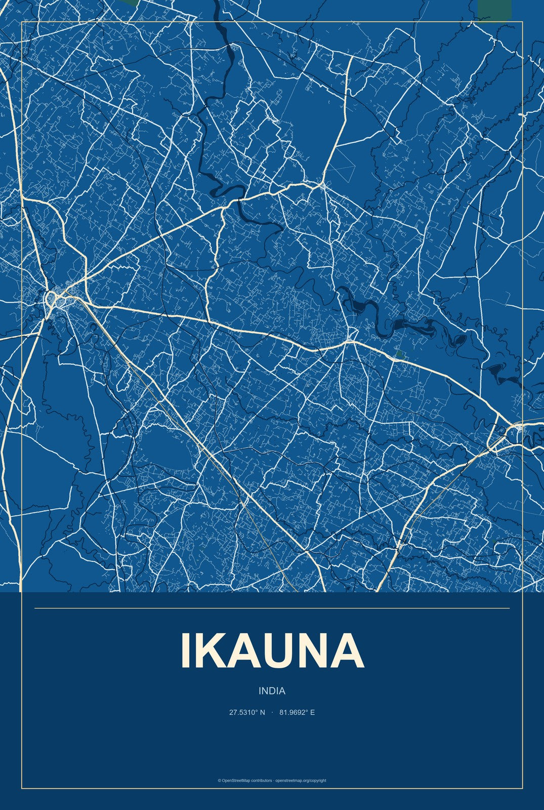 Ikauna, India City Map Aluminum Sign in Harbor Cobalt style