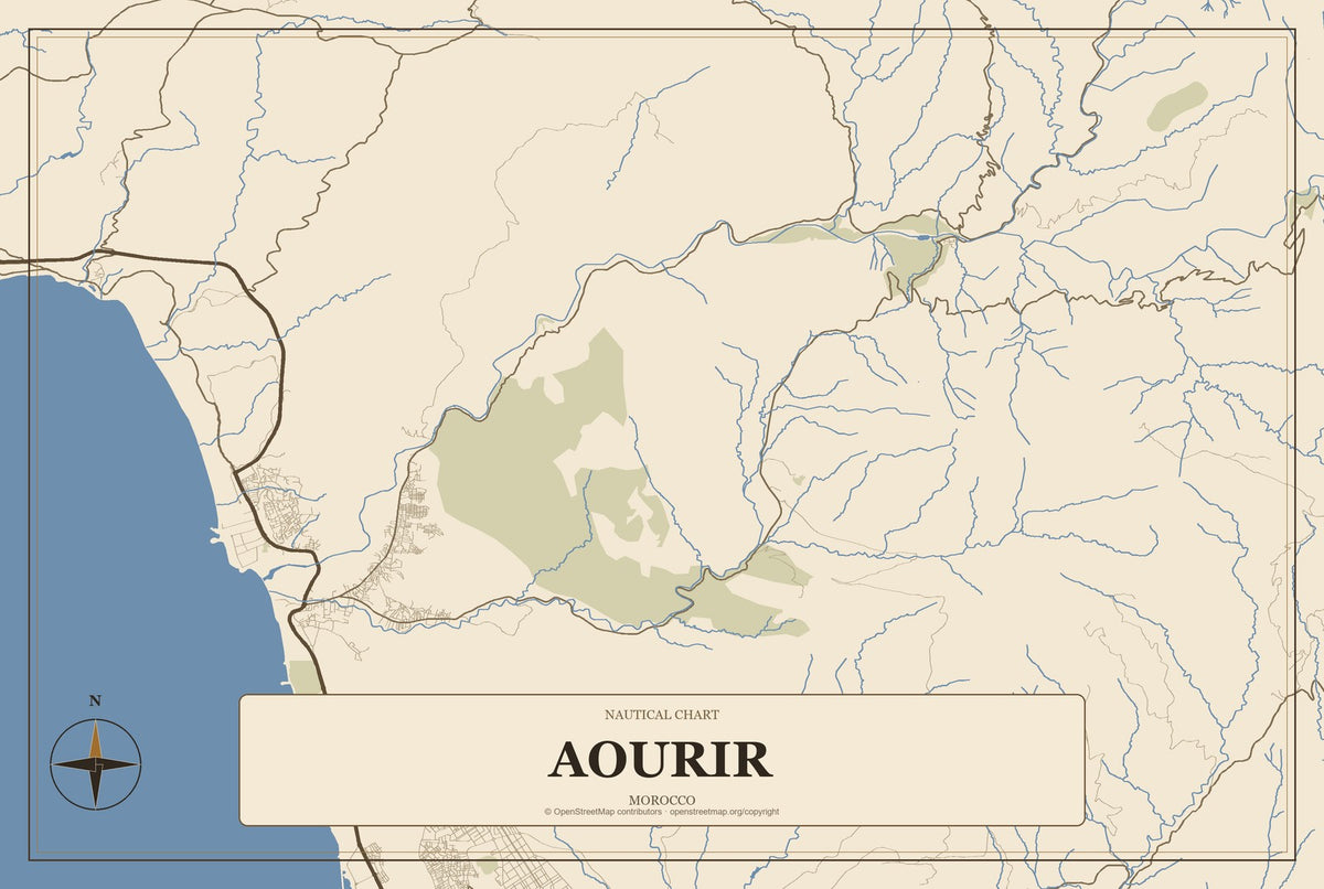 Aourir, Morocco City Map Aluminum Sign in Heritage Nautical style