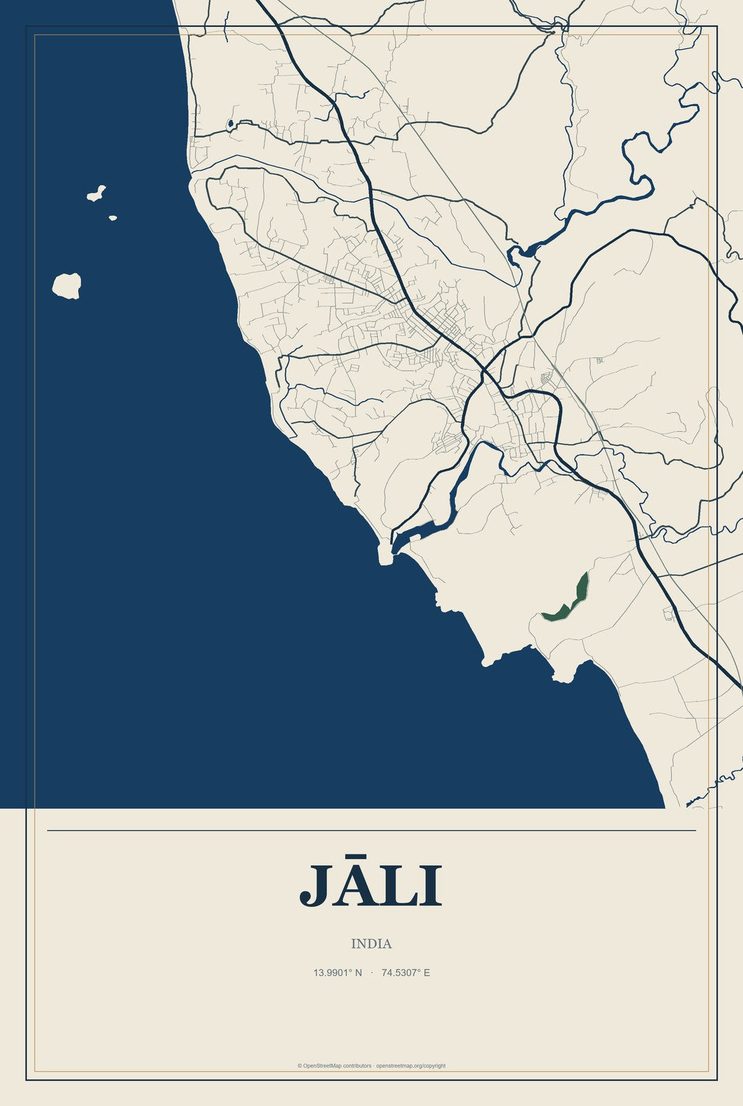 Jāli, India City Map Aluminum Sign in Coastal Cutout style