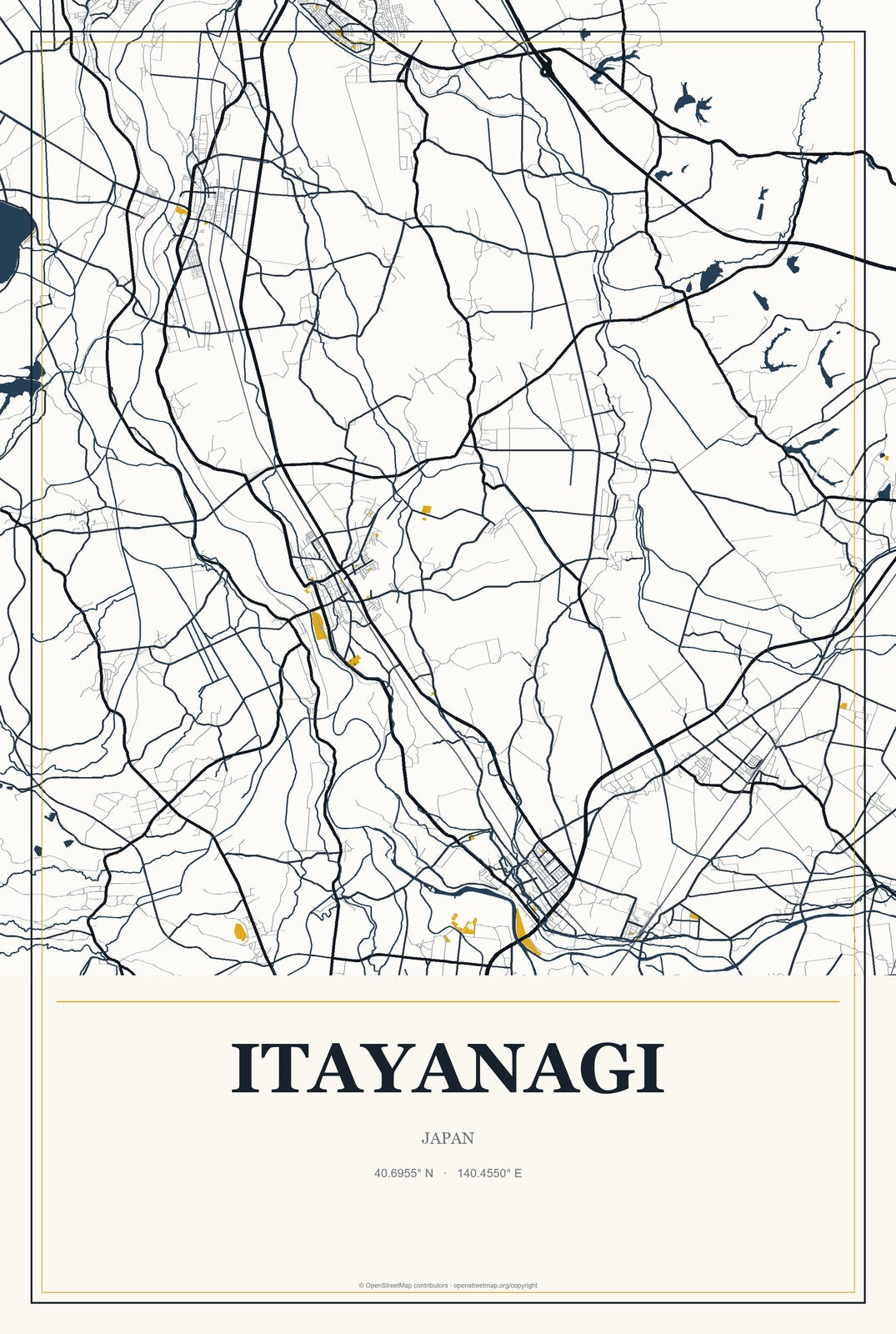 Itayanagi, Japan City Map Aluminum Sign in Citrine Modern style