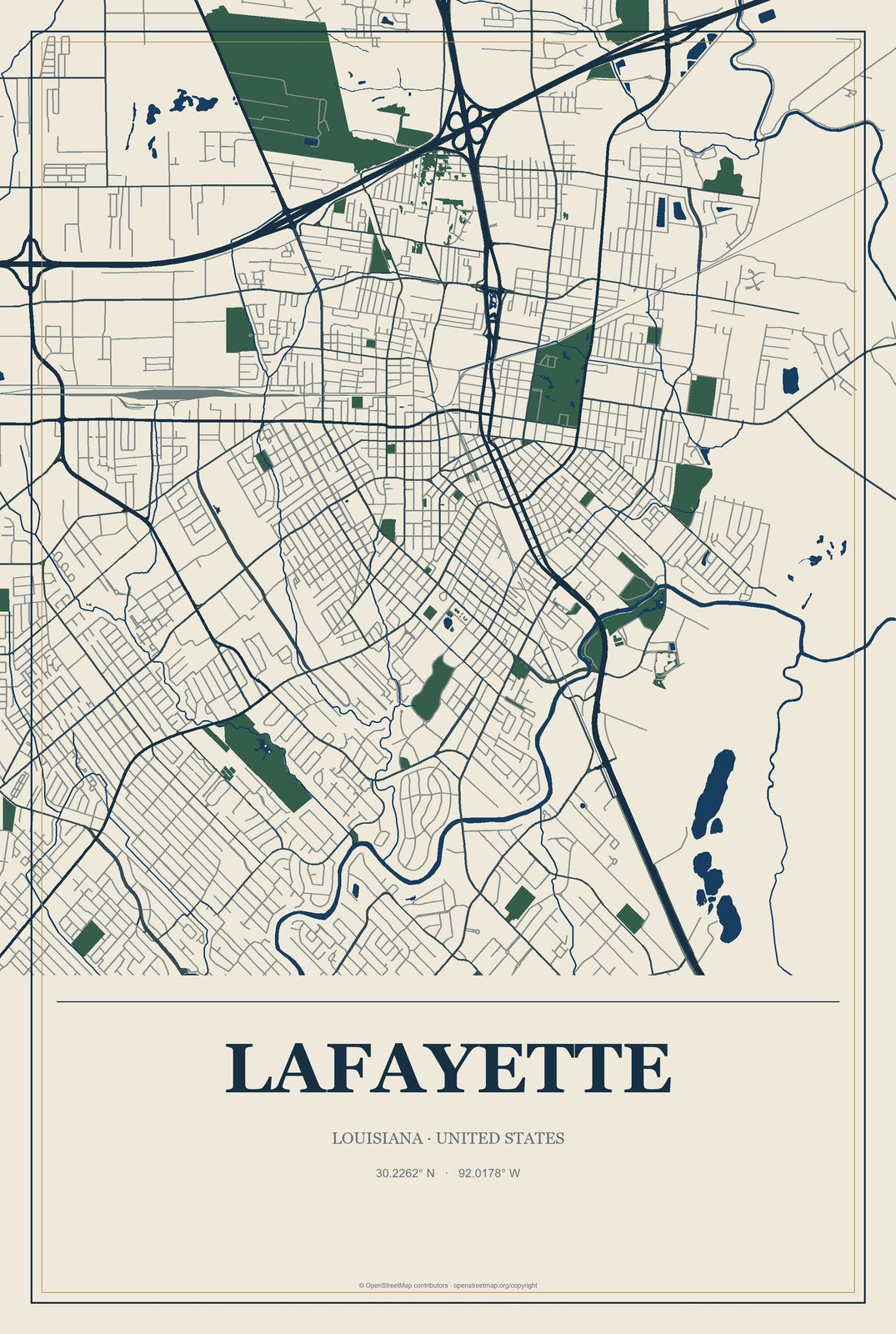 Lafayette, Louisiana City Map Aluminum Sign in Coastal Cutout style