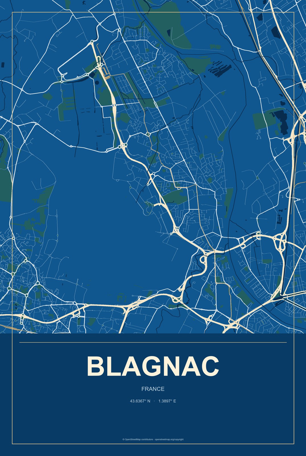Blagnac, France City Map Aluminum Sign in Harbor Cobalt style