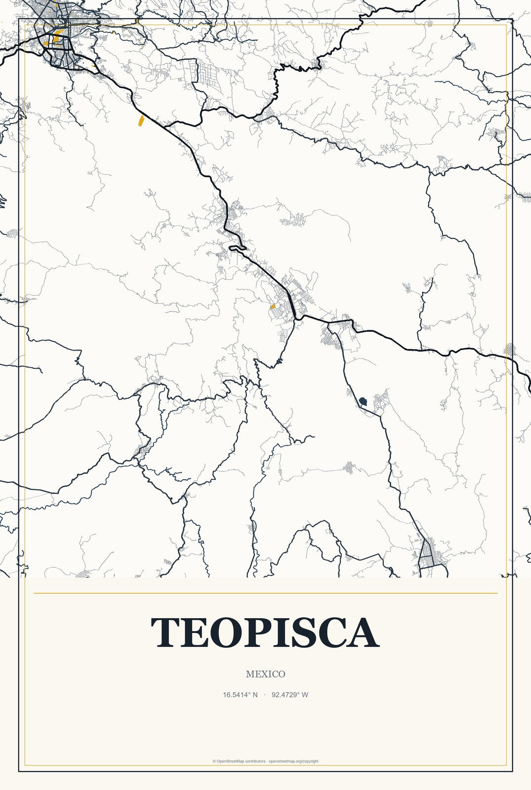 Teopisca, Mexico City Map Aluminum Sign in Citrine Modern style