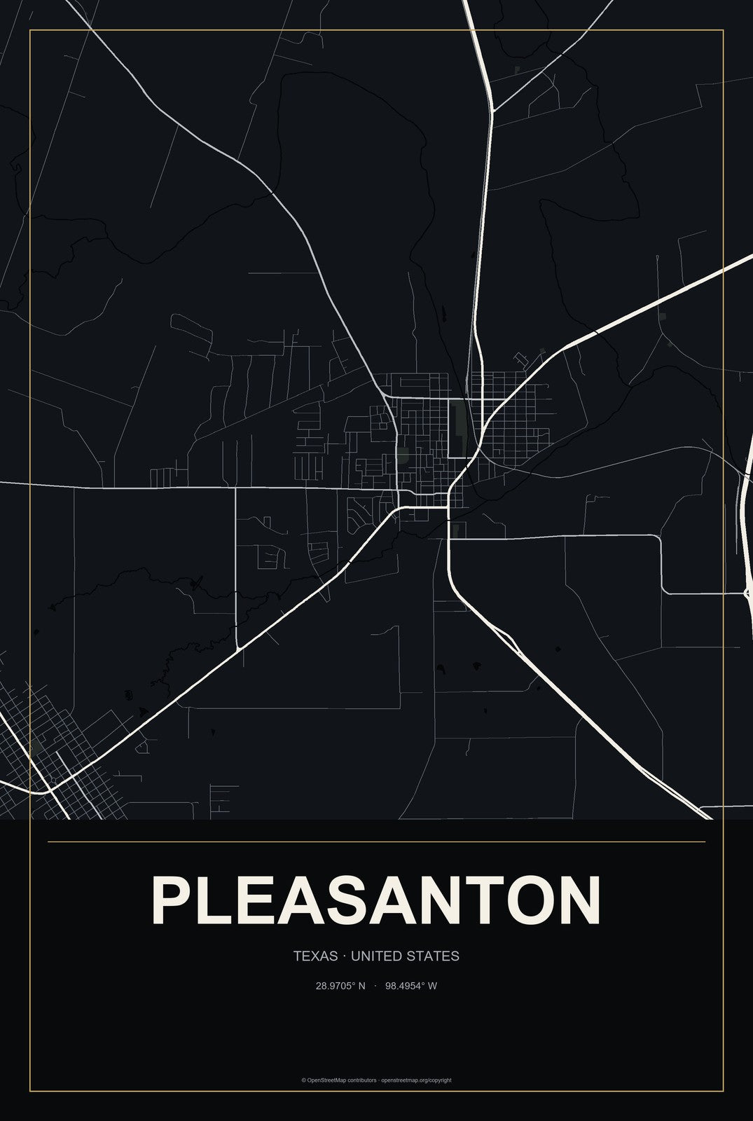 Pleasanton, Texas City Map Aluminum Sign in Metropolitan Noir style