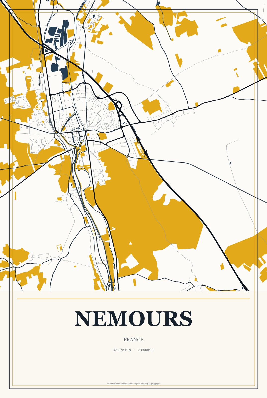 Nemours, France City Map Aluminum Sign in Citrine Modern style