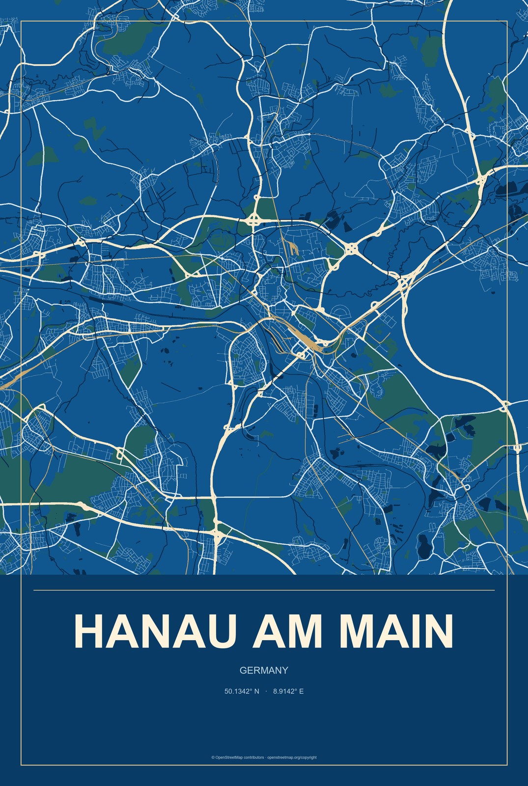 Hanau am Main, Germany City Map Aluminum Sign in Harbor Cobalt style