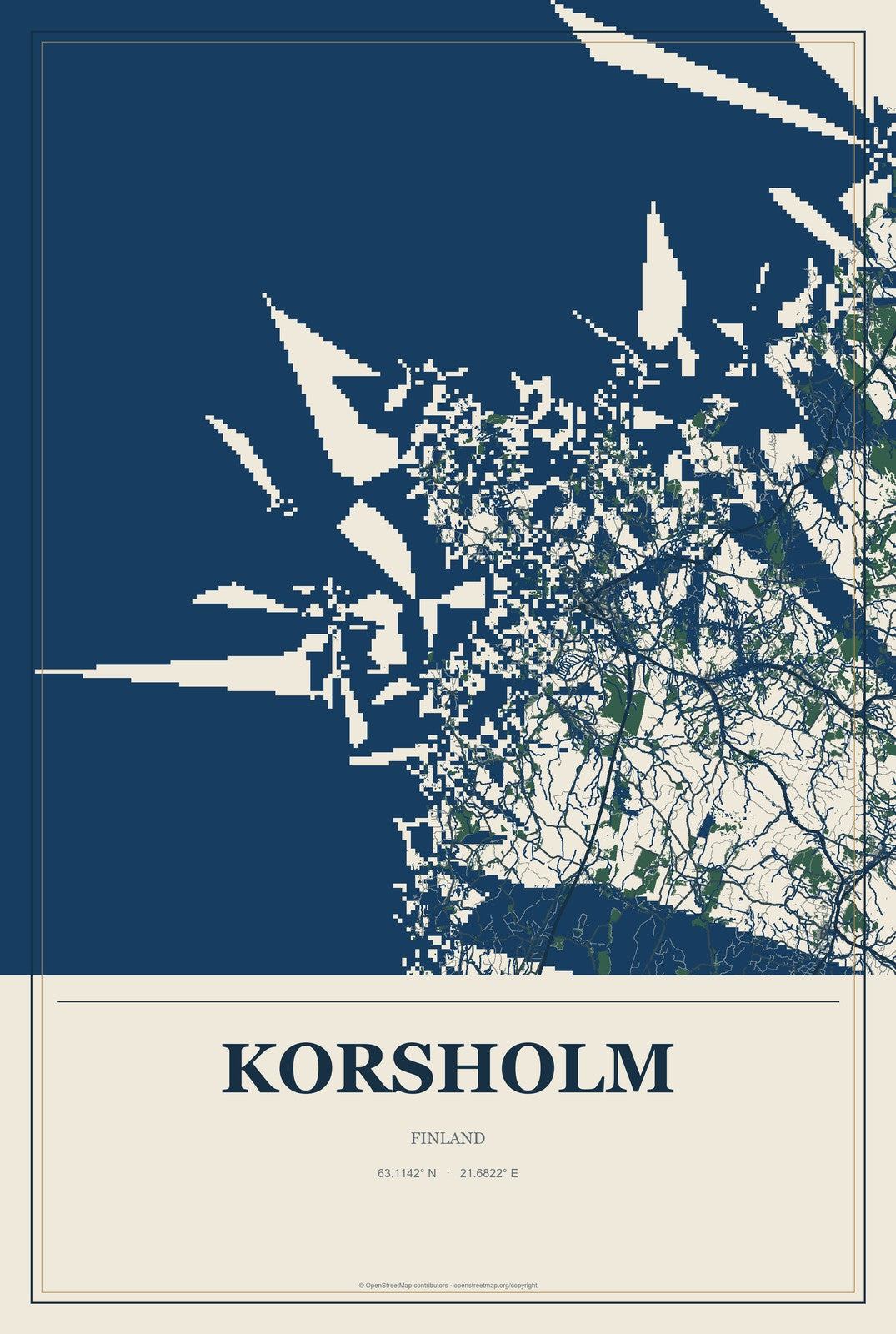 Korsholm, Finland City Map Aluminum Sign in Coastal Cutout style
