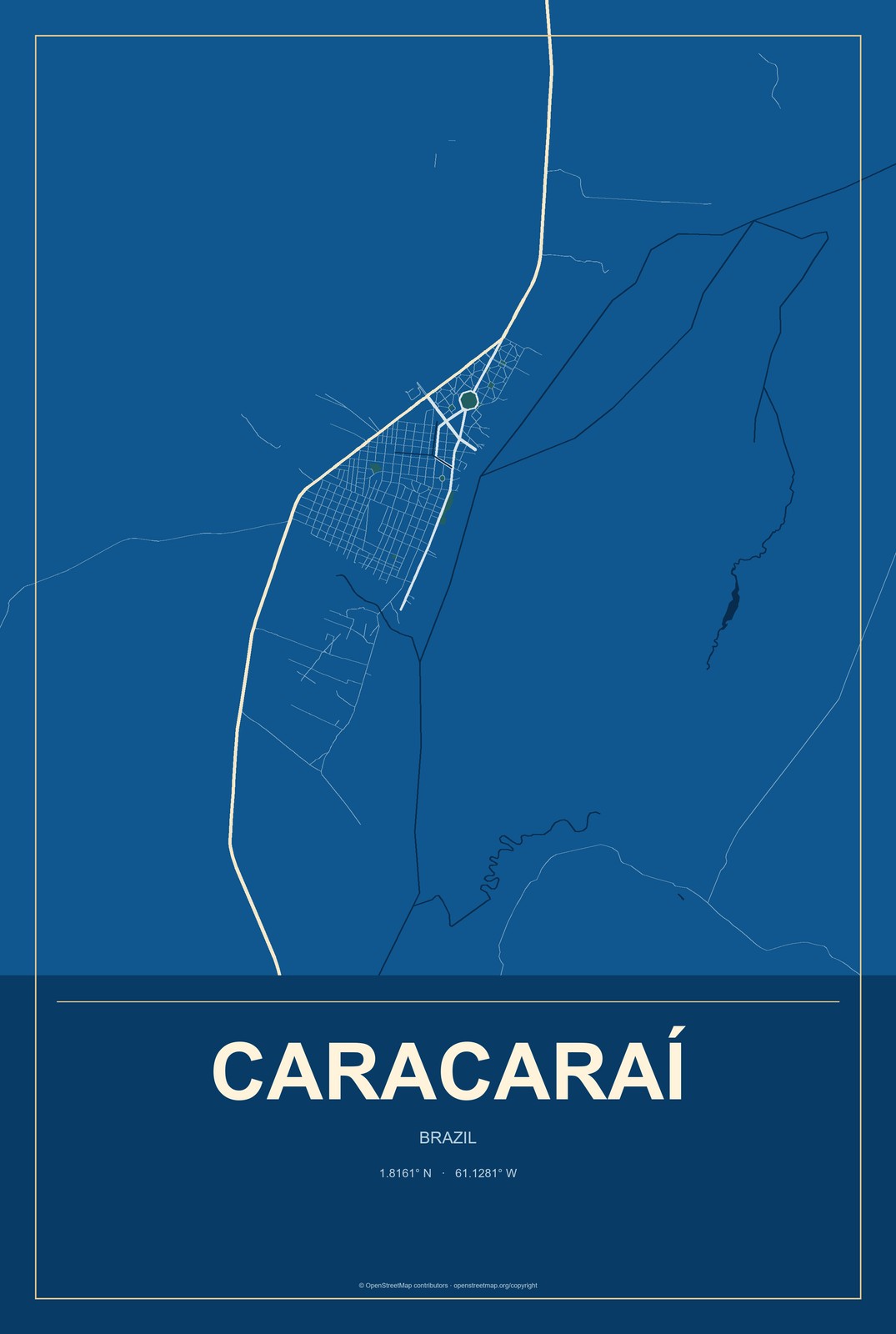 Caracaraí, Brazil City Map Aluminum Sign in Harbor Cobalt style