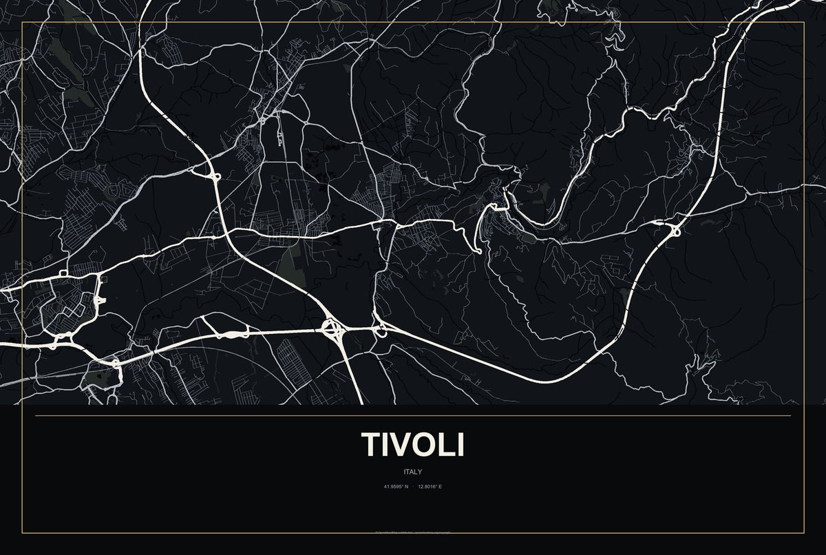 Tivoli, Italy City Map Aluminum Sign in Metropolitan Noir style