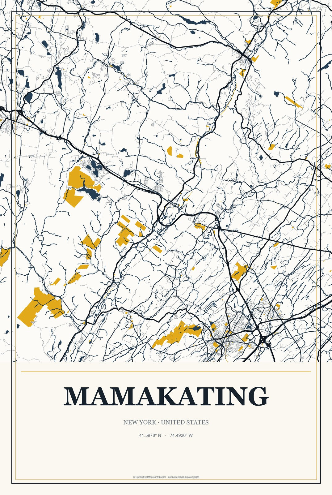 Mamakating, New York City Map Aluminum Sign in Citrine Modern style