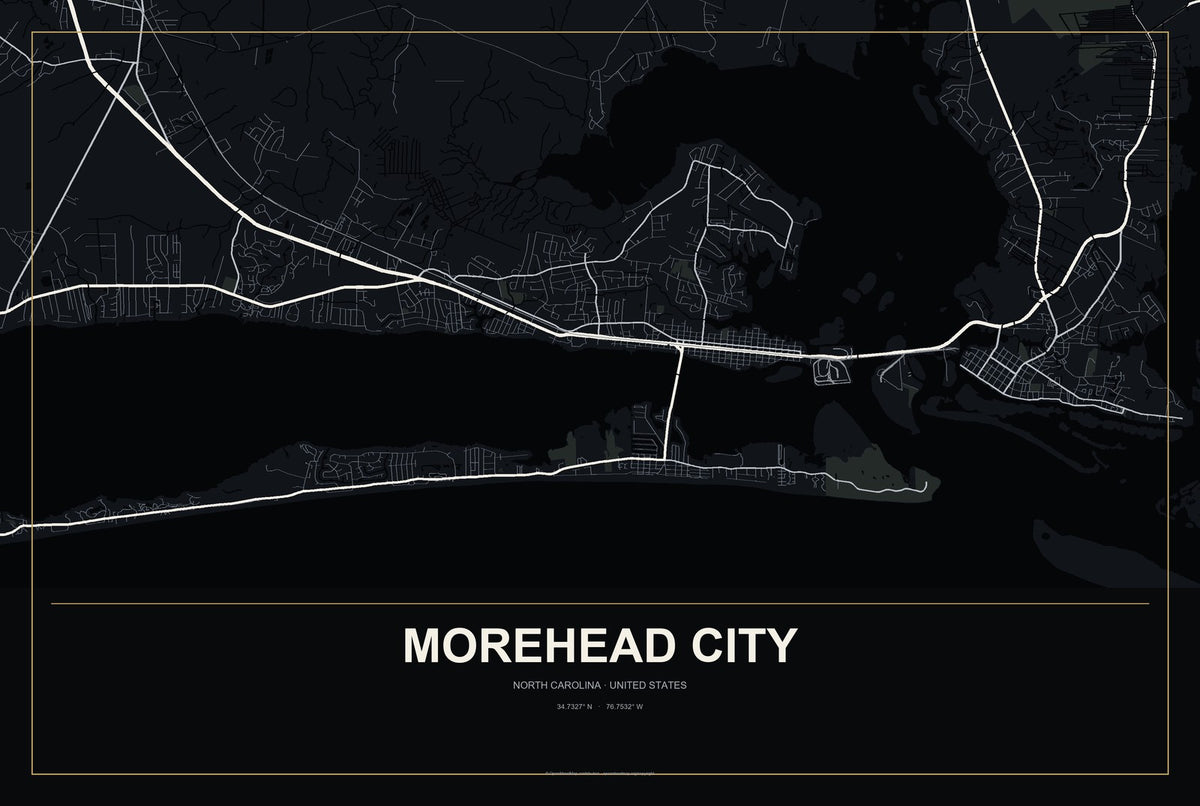 Morehead City, North Carolina City Map Aluminum Sign in Metropolitan Noir style