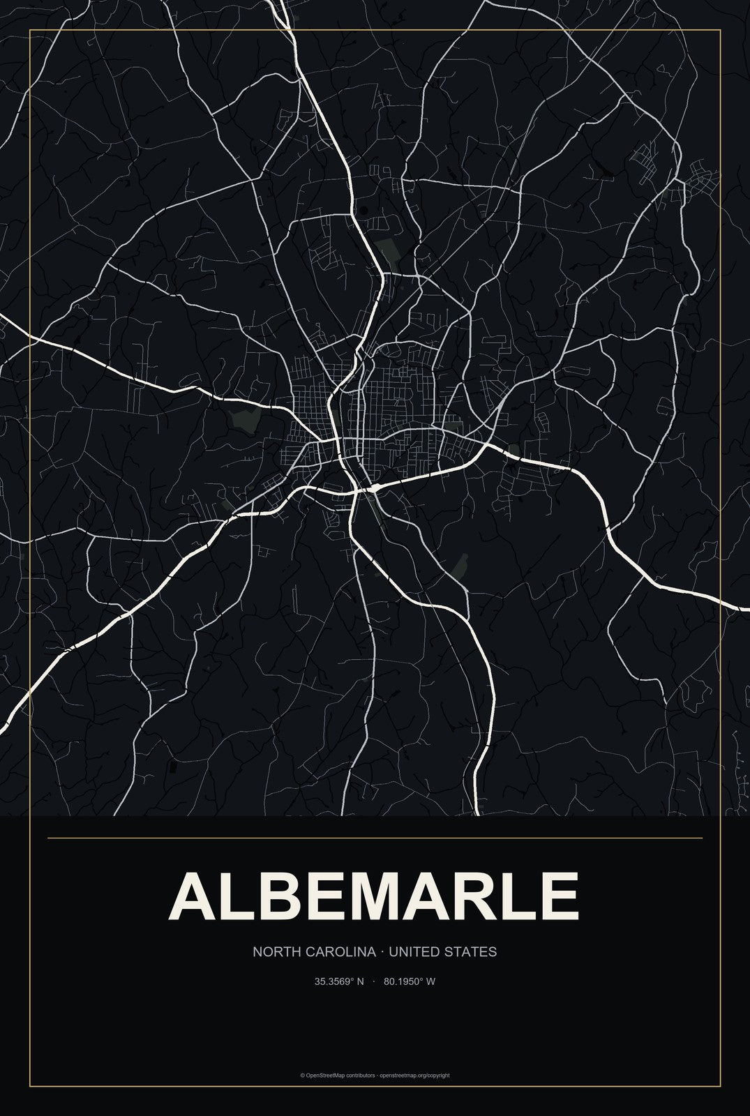 Albemarle, North Carolina City Map Aluminum Sign in Metropolitan Noir style