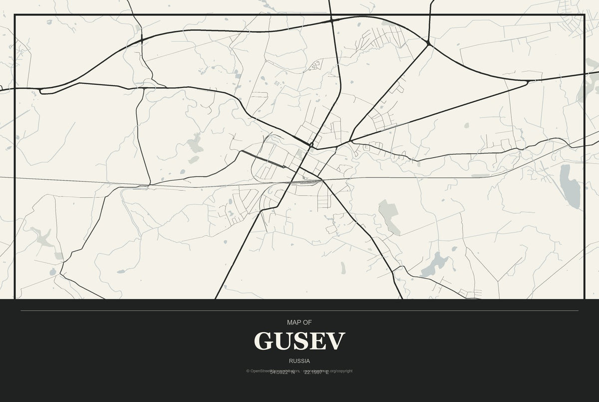 Gusev, Russia City Map Aluminum Sign in Museum Plaque style