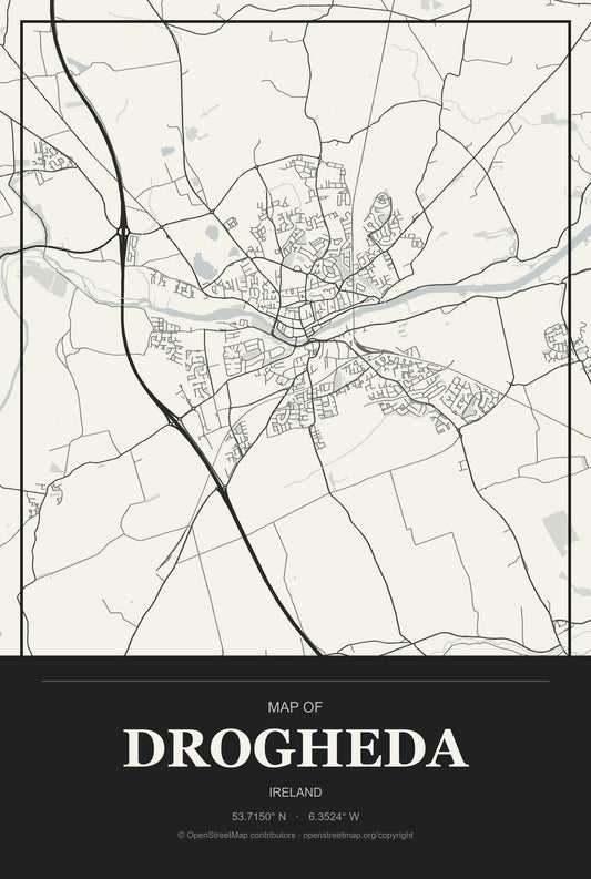 Drogheda, Ireland City Map Aluminum Sign in Museum Plaque style