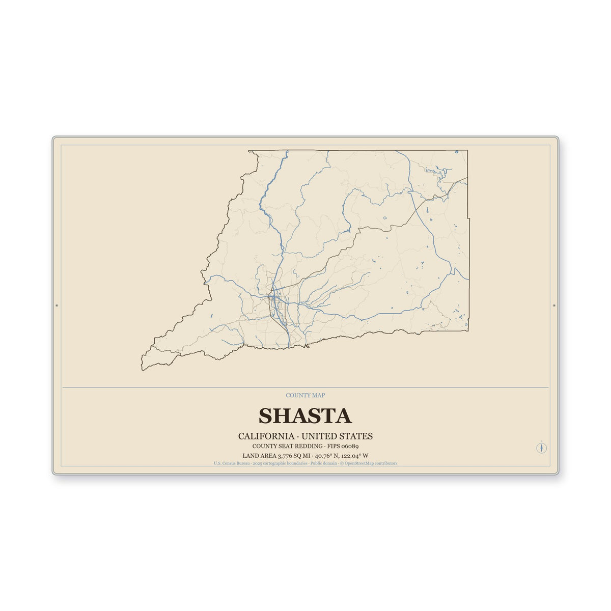 Shasta County, California Map Aluminum Sign in Heritage Nautical style