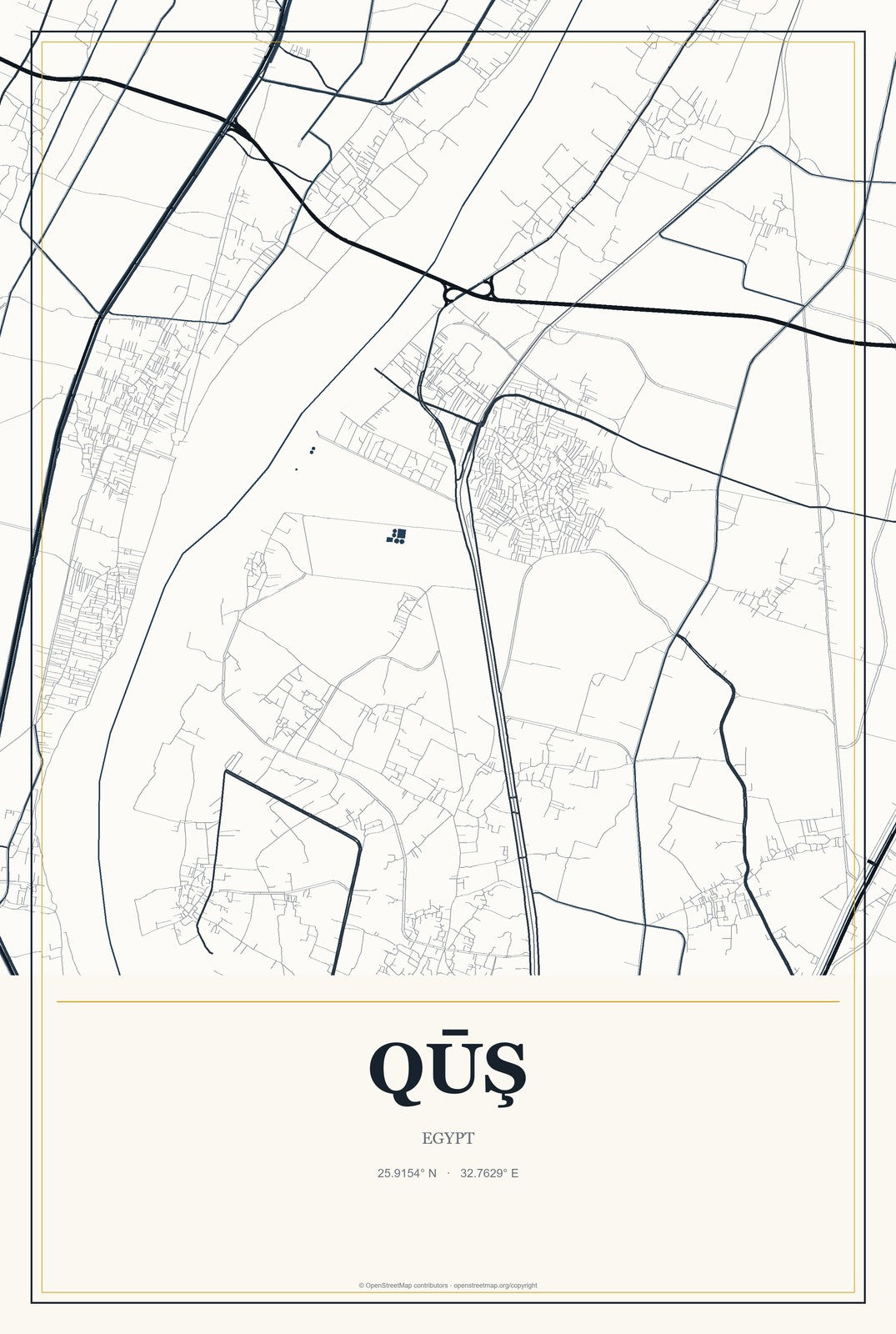Qūş, Egypt City Map Aluminum Sign in Citrine Modern style
