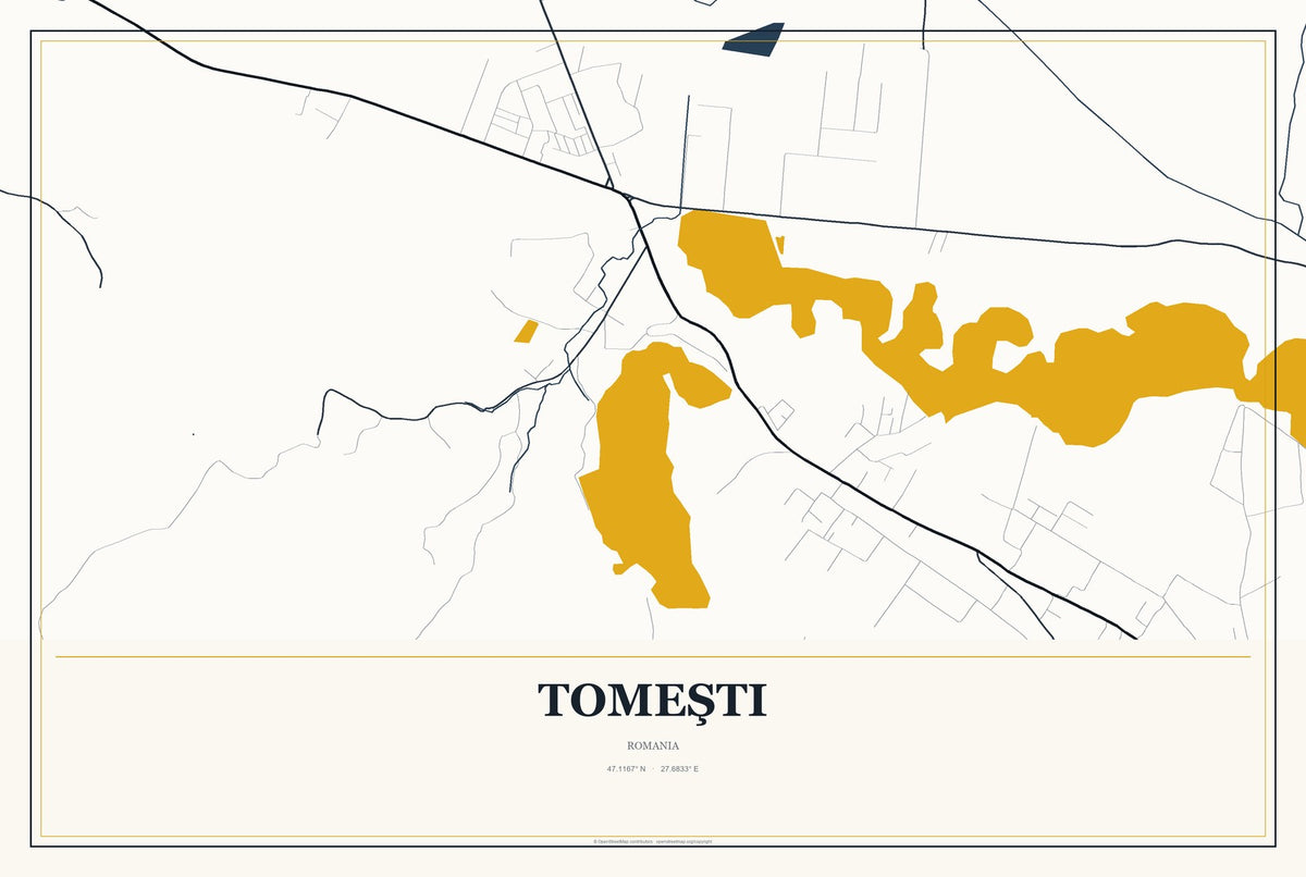 Tomeşti, Romania City Map Aluminum Sign in Citrine Modern style