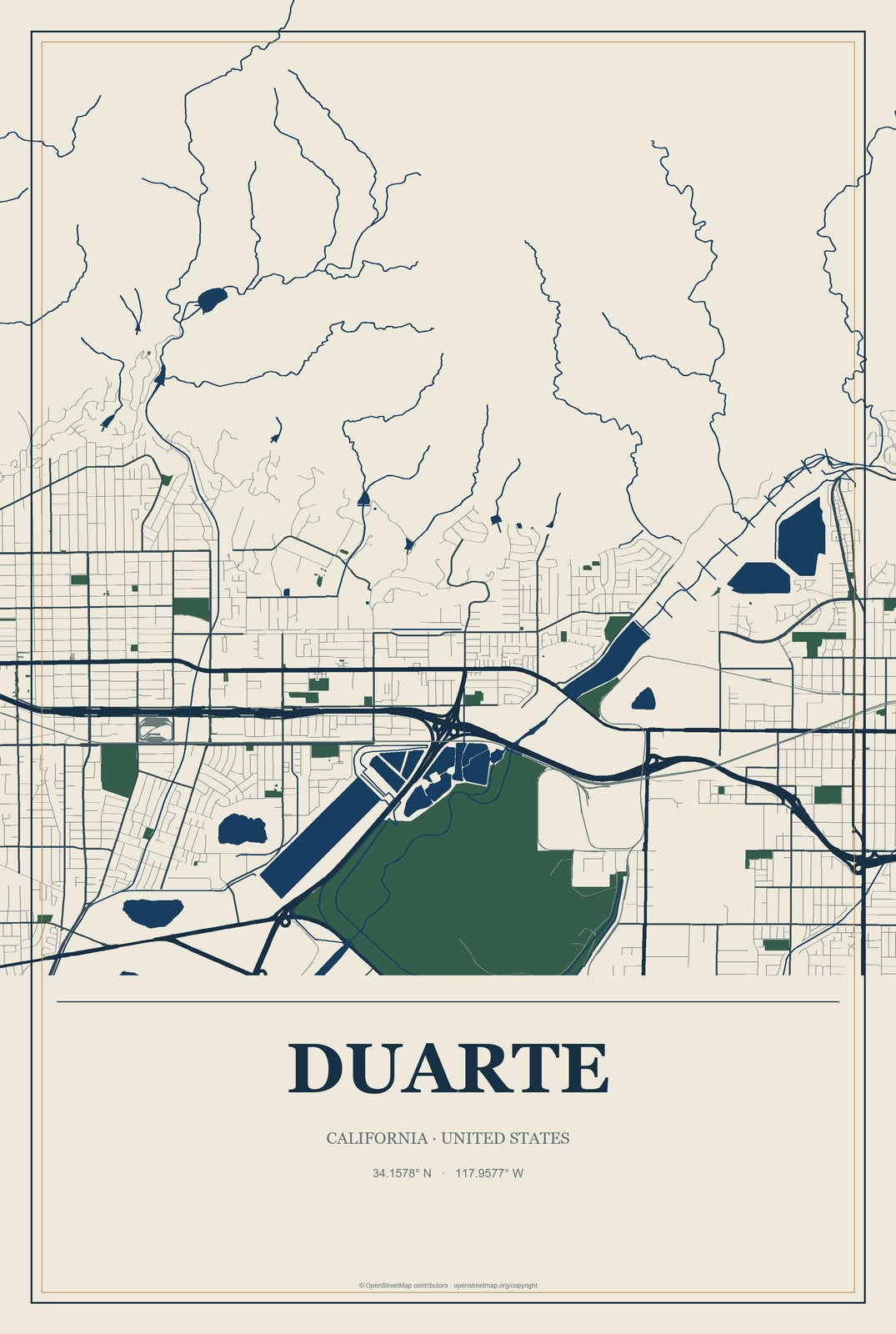 Duarte, California City Map Aluminum Sign in Coastal Cutout style