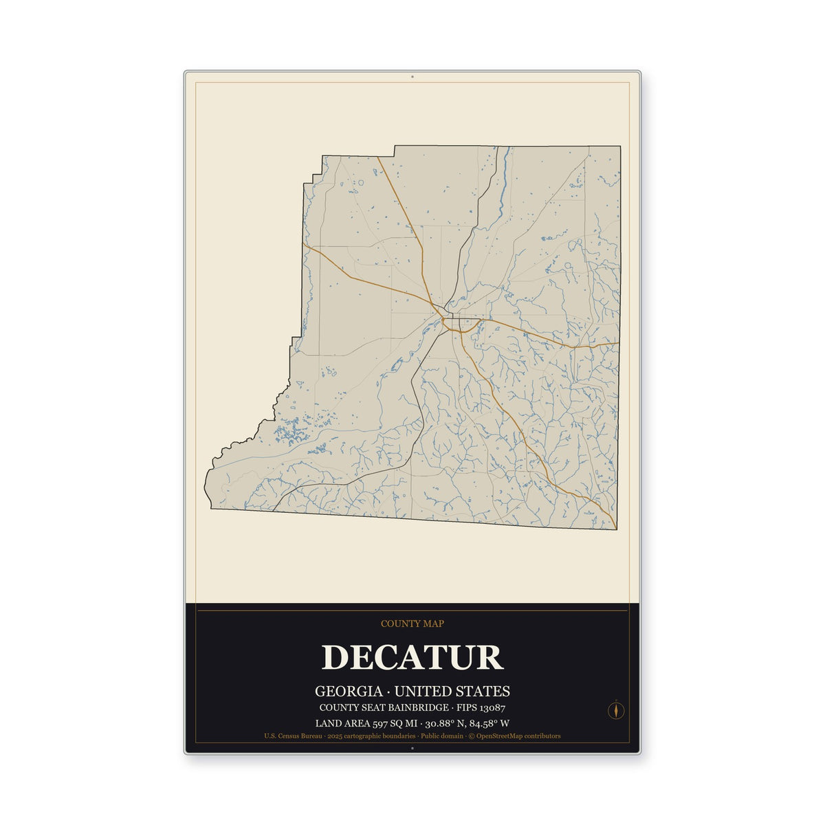 Decatur County, Georgia Map Aluminum Sign in Museum Plaque style