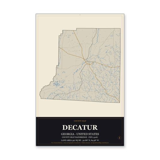 Decatur County, Georgia Map Aluminum Sign in Museum Plaque style