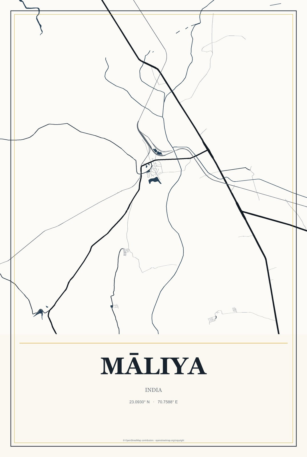 Māliya, India City Map Aluminum Sign in Citrine Modern style