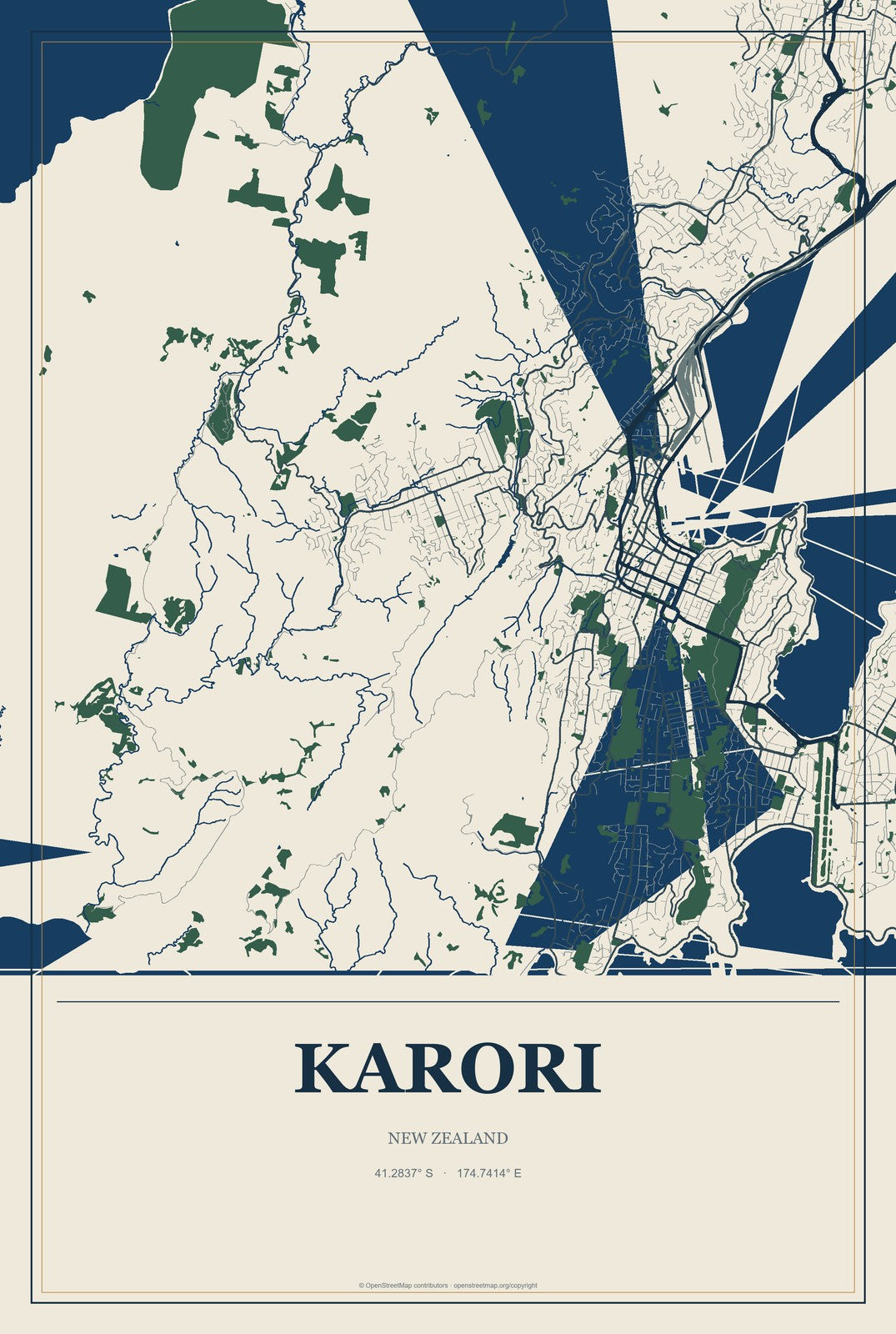 Karori, New Zealand City Map Aluminum Sign in Coastal Cutout style